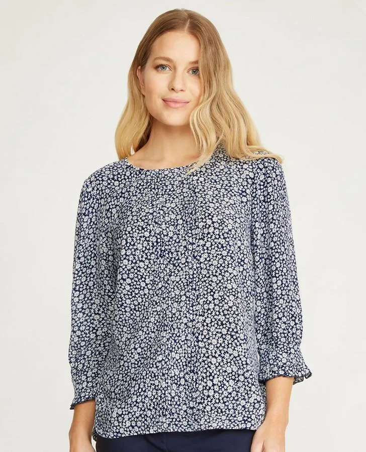 3/4 Sleeve Woodland Ditsy Pin Tuck Top