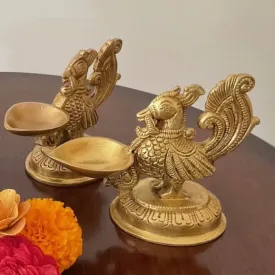 4 Inches Peacock Diya  (Set of 2) - Handmade Brass lamp - Decorative