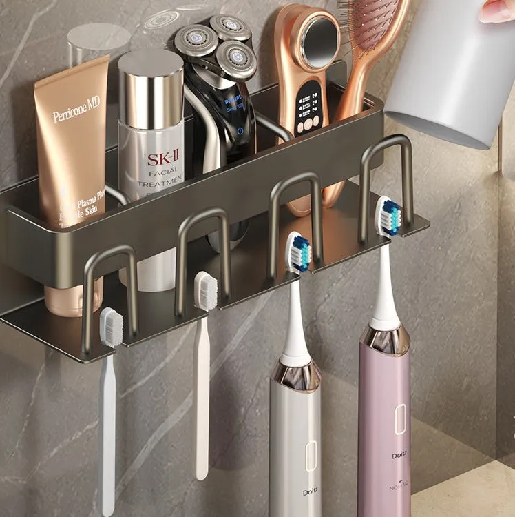 Drill-Free Gunmetal Aluminum Toothbrush Holder Rack, HG0042