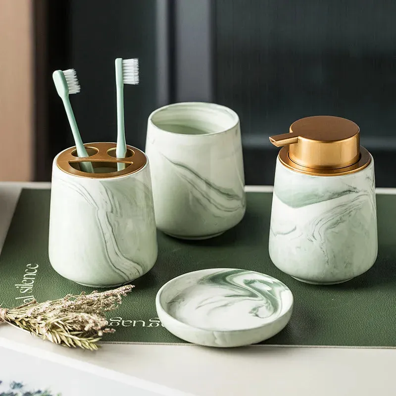 SINOTAO  -  Creative Gradient Green Marbled Ceramic Lotion Bottle Toothbrush Holder Soap Dish Set Bathroom Accessories Soap Dispenser Bottle