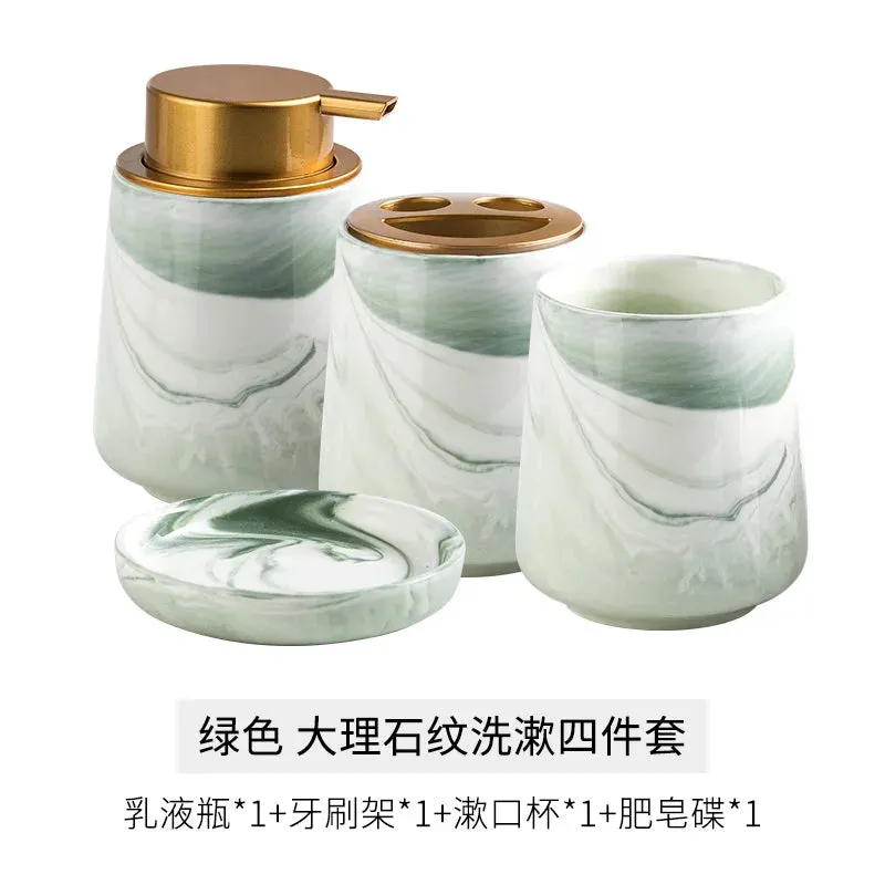 SINOTAO  -  Creative Gradient Green Marbled Ceramic Lotion Bottle Toothbrush Holder Soap Dish Set Bathroom Accessories Soap Dispenser Bottle