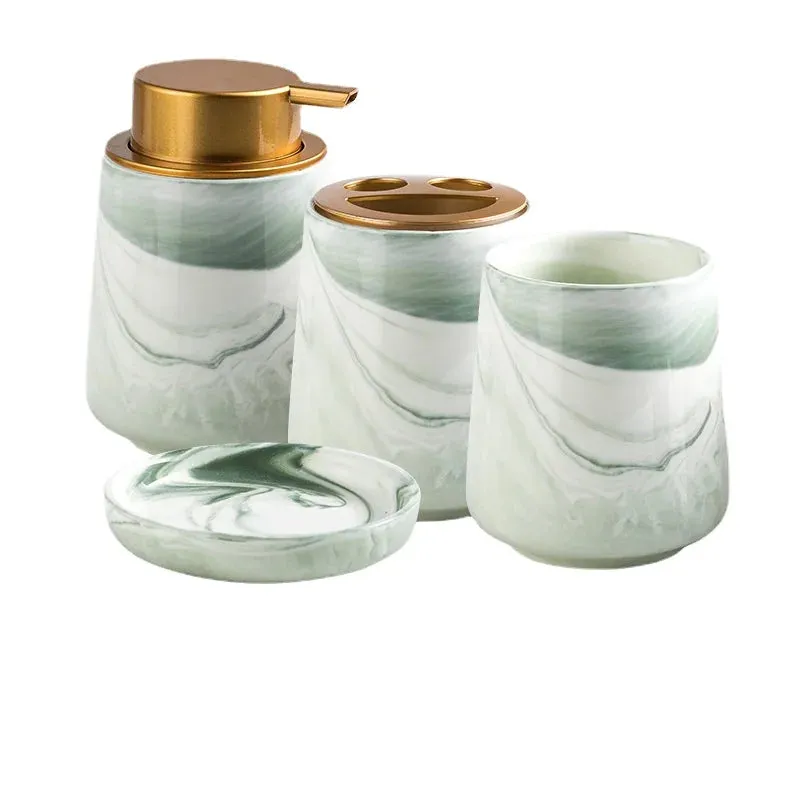 SINOTAO  -  Creative Gradient Green Marbled Ceramic Lotion Bottle Toothbrush Holder Soap Dish Set Bathroom Accessories Soap Dispenser Bottle